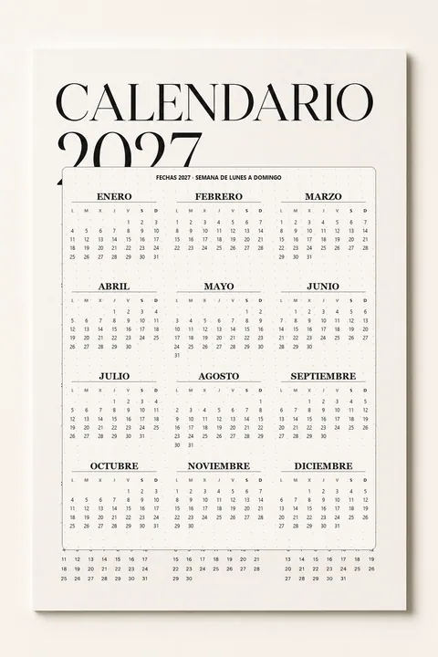Vista previa vertical de un calendario 2027 minimalista en blanco y negro con cuadrícula anual