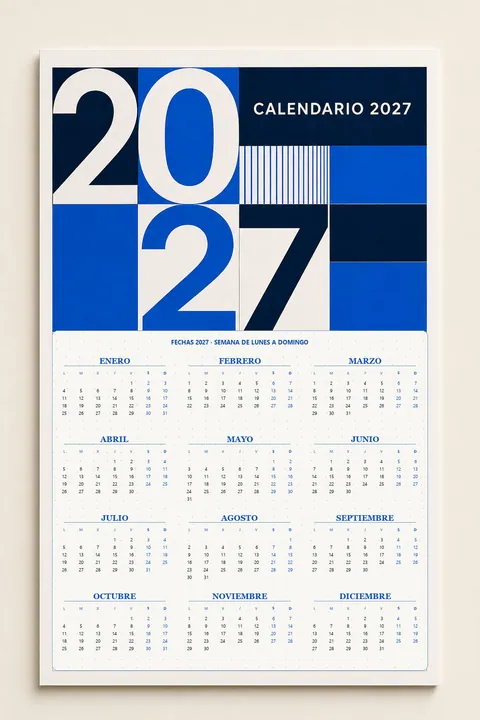 Vista previa vertical de un calendario 2027 A4 moderno en azul y blanco