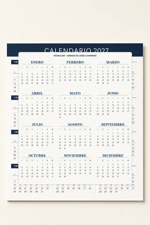 Vista previa de un calendario 2027 A4 horizontal profesional con cuatro trimestres