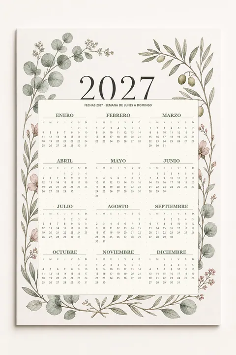 Vista previa vertical de un calendario 2027 floral botánico con hojas verdes