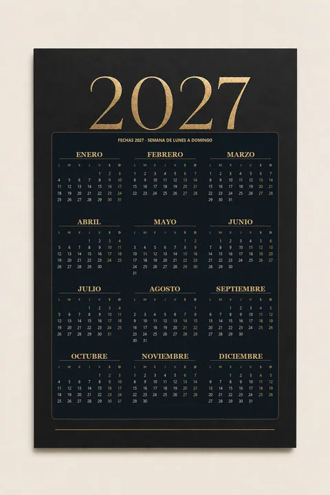 Vista previa vertical de un calendario 2027 negro y dorado premium