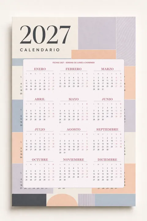 Vista previa vertical de un calendario 2027 pastel moderno en lila, melocotón y azul