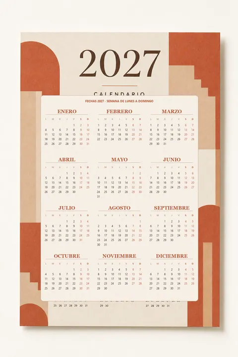 Vista previa vertical de un calendario 2027 terracota mediterráneo