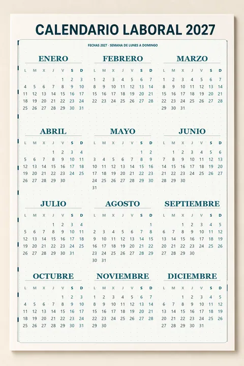 Vista previa vertical de un calendario laboral 2027 en tonos teal y gris