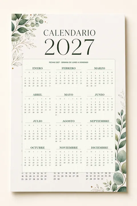 Vista previa vertical de un calendario 2027 de naturaleza con hojas verdes
