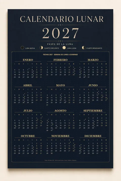 Vista previa vertical del calendario lunar 2027 con fases de la luna