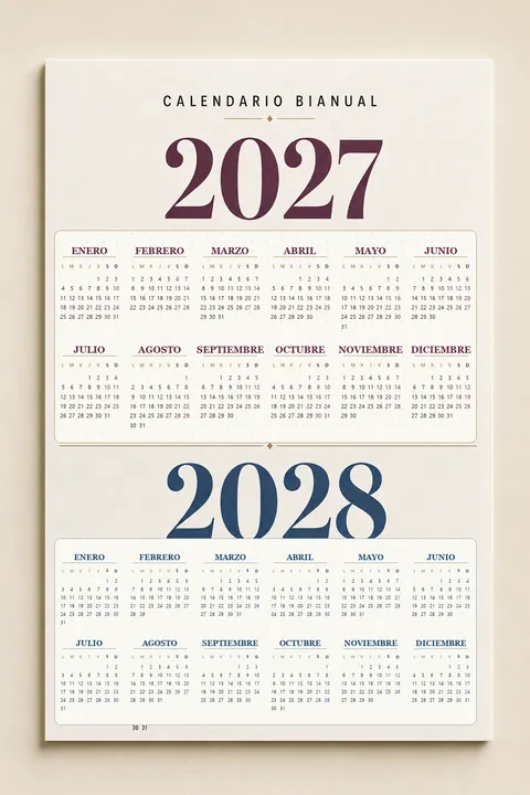 Vista previa vertical de un calendario bianual 2027 y 2028