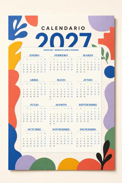 Vista previa vertical de un calendario 2027 creativo y colorido